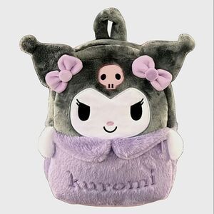 Hello Kitty Backpack Kuromi Embroidered Plush Furry Black 15" Book Bag Sanrio